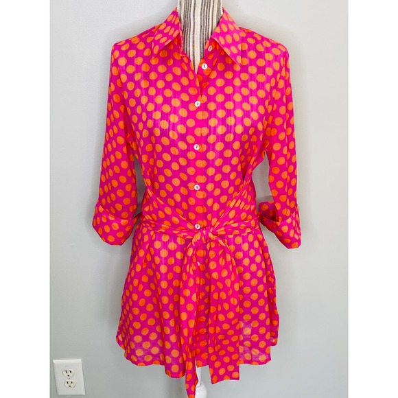 Farinaz Taghavi Polka Dot Tie Front Button Down Tunic Women 12 Maximalist Resort - Picture 4 of 11
